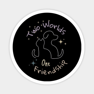 Two worlds, one friendship, white silhouettes of a dog and a cat against the background of colorful stars as a symbol of friendship between different personalities Magnet